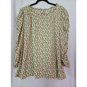 MAX STUDIO Yellow‎ Gray Print Stretch Shirred Sleeve Peasant Top 1X NWOT